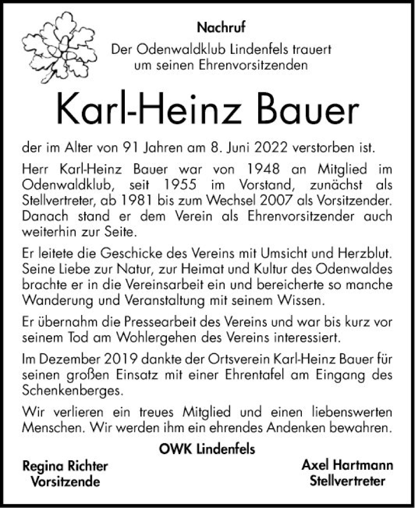  Traueranzeige für Karl-Heinz Bauer vom 22.06.2022 aus Bergsträßer Anzeiger