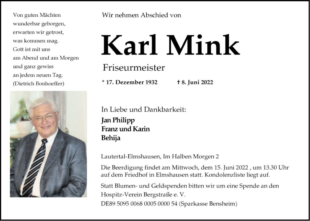  Traueranzeige für Karl Mink vom 11.06.2022 aus Bergsträßer Anzeiger