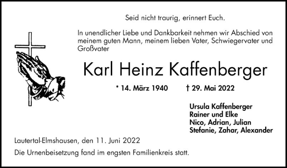  Traueranzeige für Karl Heinz Kaffenberger vom 11.06.2022 aus Bergsträßer Anzeiger