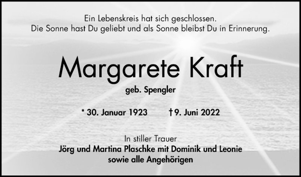  Traueranzeige für Margarete Kraft vom 18.06.2022 aus Bergsträßer Anzeiger