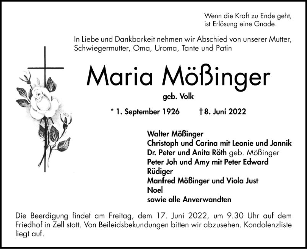  Traueranzeige für Maria Mößinger vom 14.06.2022 aus Bergsträßer Anzeiger
