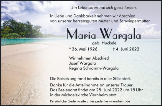 Traueranzeige von Maria Wargala von Südhessen Morgen