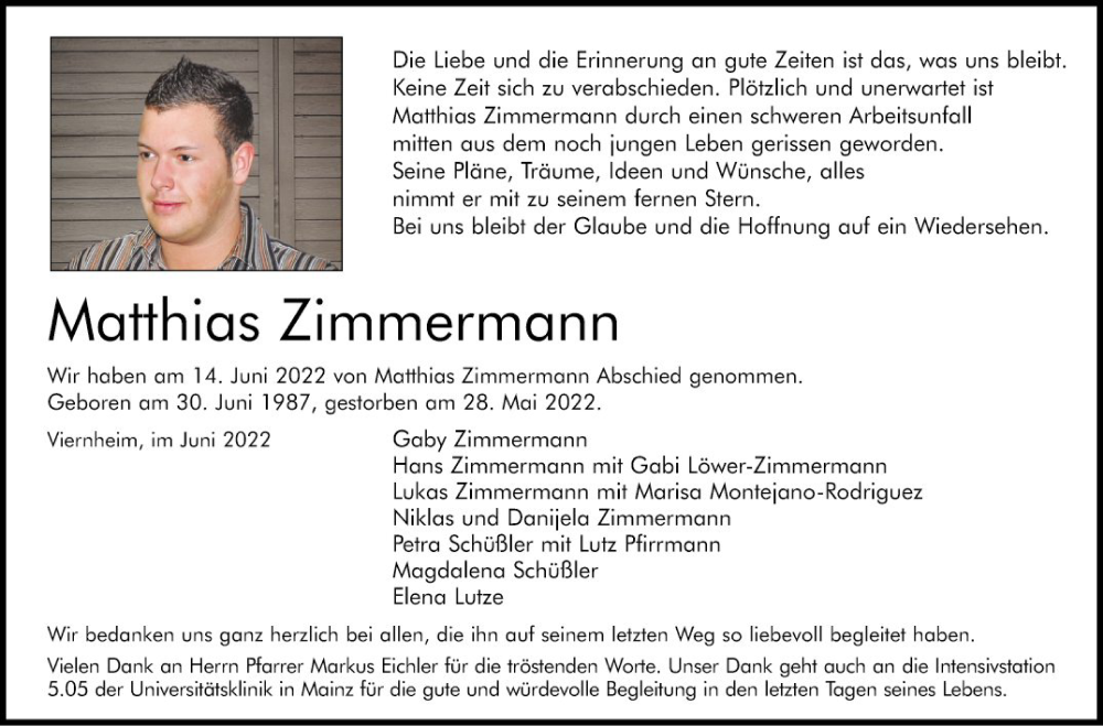  Traueranzeige für Matthias Zimmermann vom 18.06.2022 aus Mannheimer Morgen