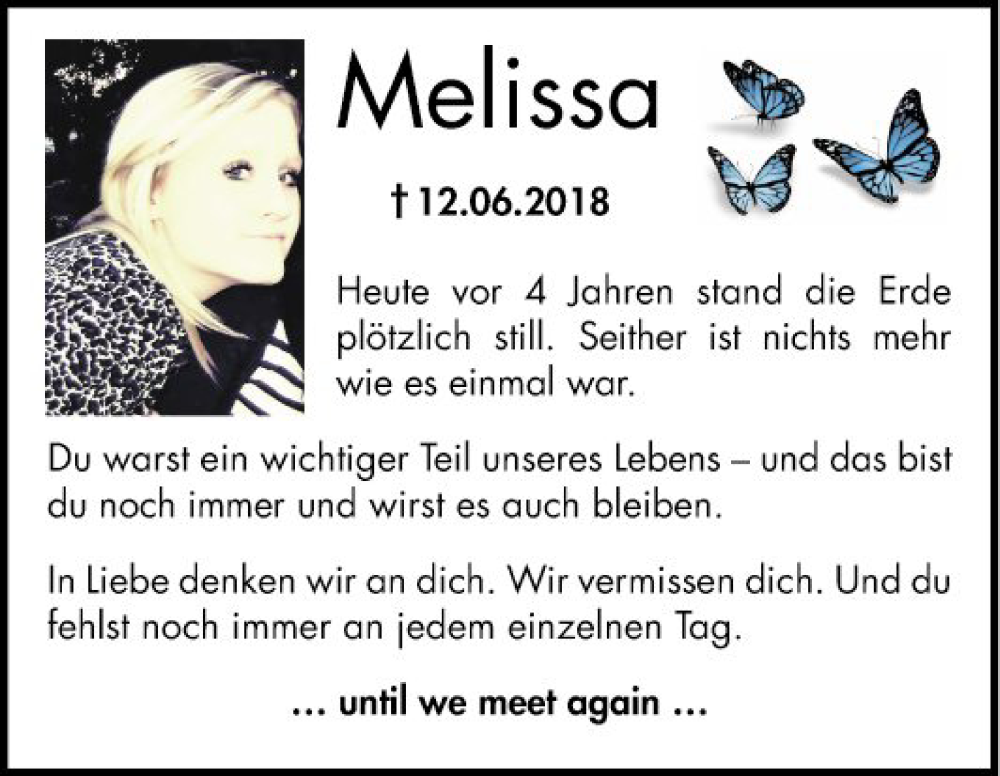  Traueranzeige für Melissa Diehl vom 13.06.2022 aus Bergsträßer Anzeiger