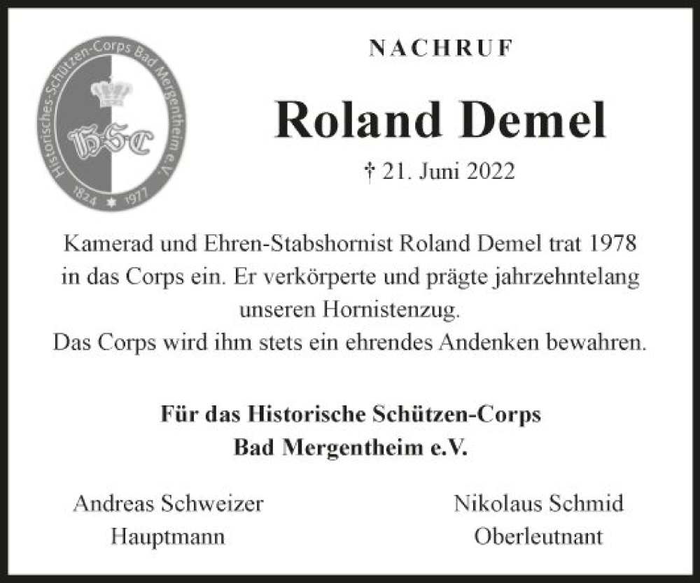  Traueranzeige für Roland Demel vom 30.06.2022 aus Fränkische Nachrichten