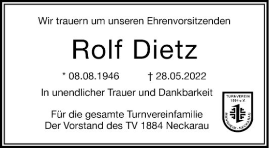 Traueranzeige von Rolf Dietz von Mannheimer Morgen