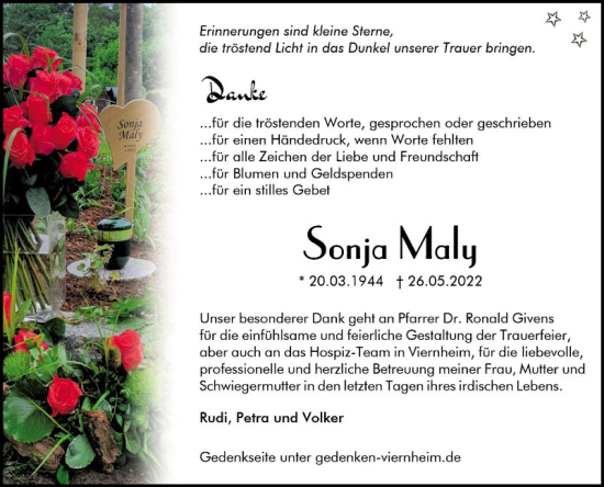 Traueranzeige von Sonja Maly von Mannheimer Morgen