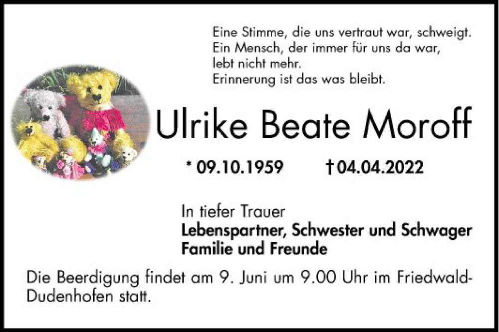  Traueranzeige für Ulrike Beate Moroff vom 04.06.2022 aus Mannheimer Morgen
