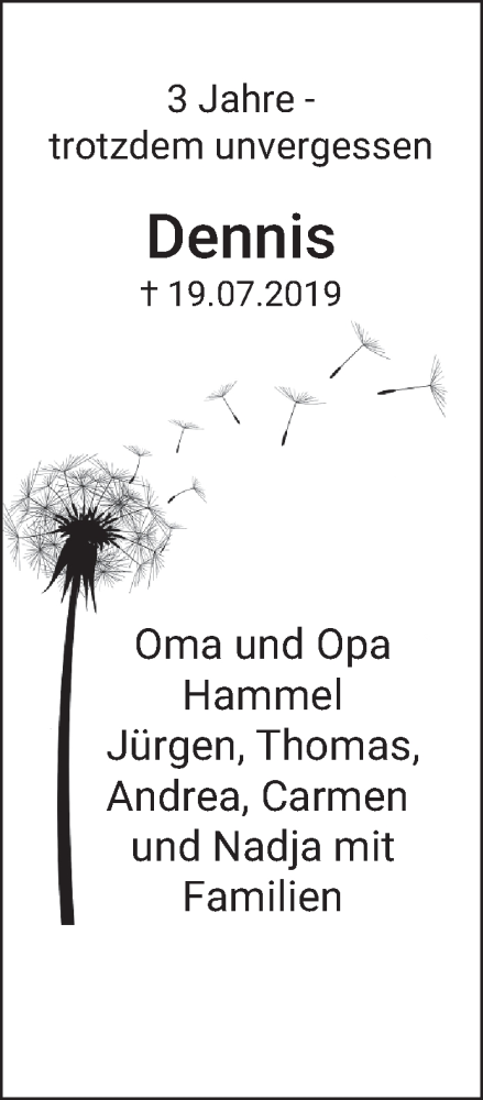 Traueranzeige von Dennis Hempel von Fränkische Nachrichten