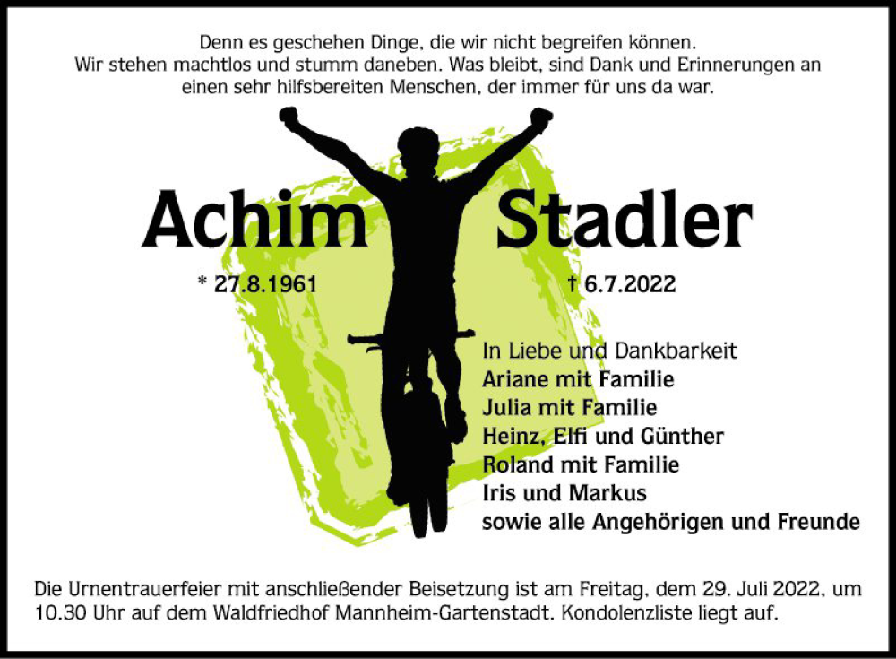  Traueranzeige für Achim Stadler vom 23.07.2022 aus Mannheimer Morgen