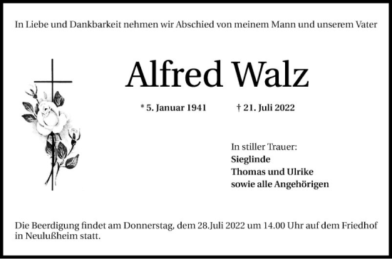 Traueranzeige von Alfred Walz von Schwetzinger Zeitung