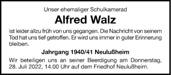 Traueranzeige von Alfred Walz von Schwetzinger Zeitung