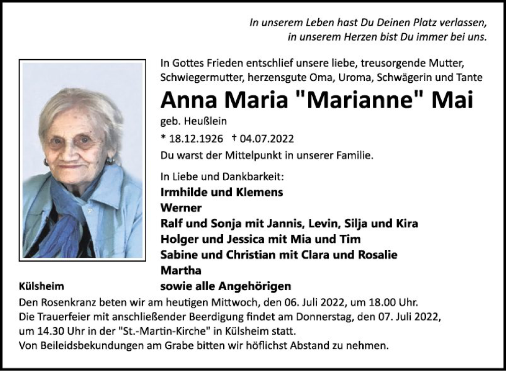  Traueranzeige für Anna Maria Mai vom 06.07.2022 aus Fränkische Nachrichten