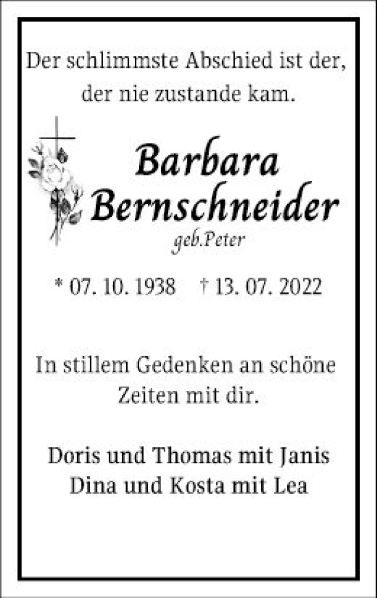 Traueranzeige von Barbara Bernschneider von Bergsträßer Anzeiger