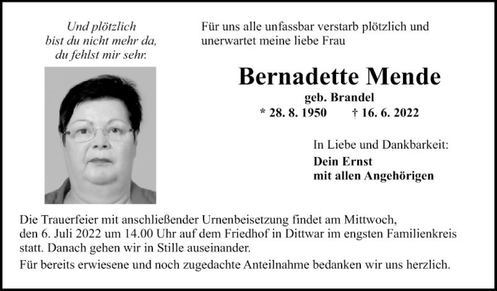  Traueranzeige für Bernadette Mende vom 02.07.2022 aus Fränkische Nachrichten
