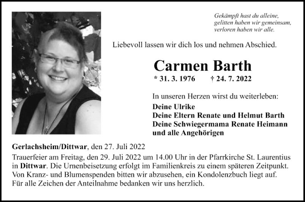  Traueranzeige für Carmen Barth vom 27.07.2022 aus Fränkische Nachrichten