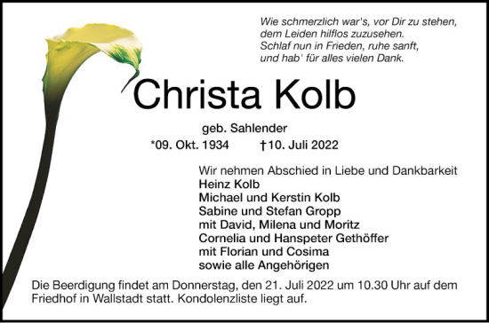 Traueranzeige von Christa Kolb von Mannheimer Morgen