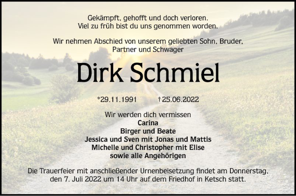  Traueranzeige für Dirk Schmiel vom 02.07.2022 aus Schwetzinger Zeitung