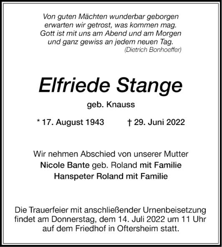  Traueranzeige für Elfriede Stange vom 02.07.2022 aus Schwetzinger Zeitung
