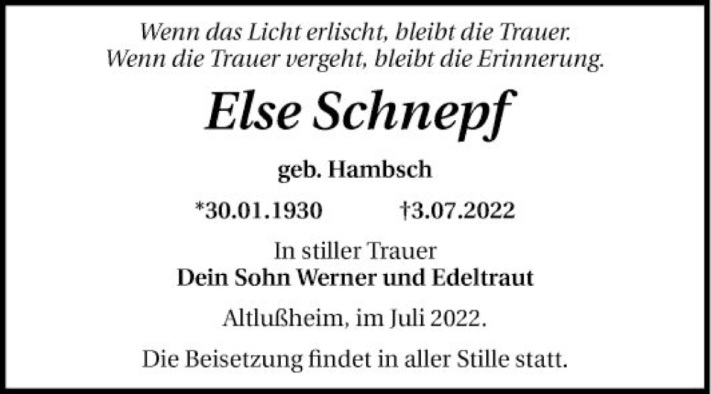  Traueranzeige für Else Schnepf vom 06.07.2022 aus Schwetzinger Zeitung