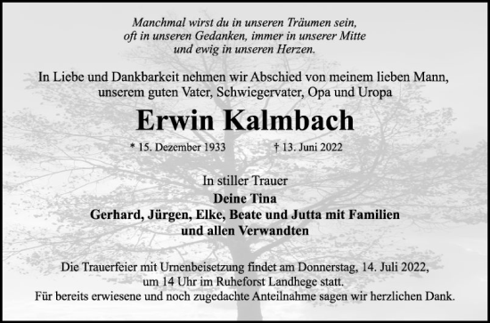 Traueranzeige von Erwin Kalmbach von Fränkische Nachrichten