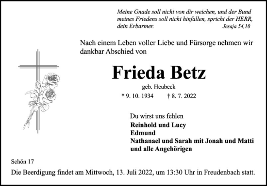 Traueranzeige von Frieda Betz von Fränkische Nachrichten