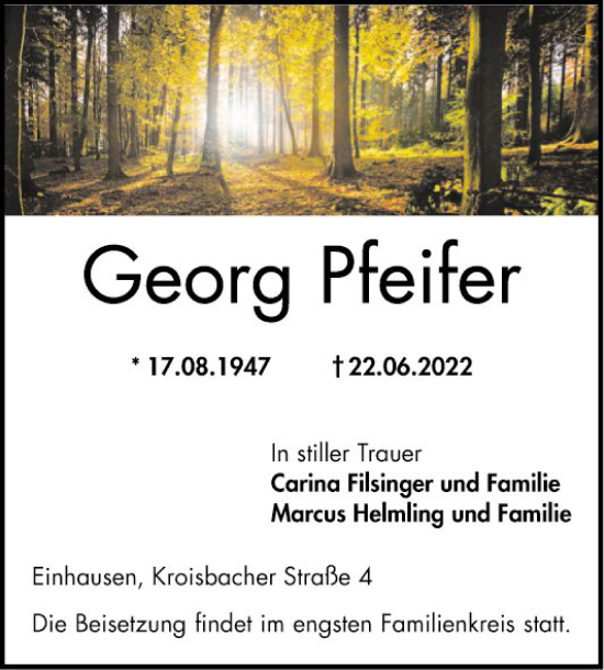 Traueranzeige von Georg Pfeifer von Bergsträßer Anzeiger