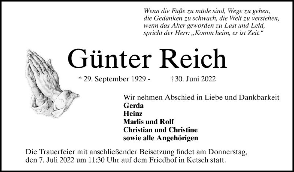  Traueranzeige für Günter Reich vom 02.07.2022 aus Schwetzinger Zeitung