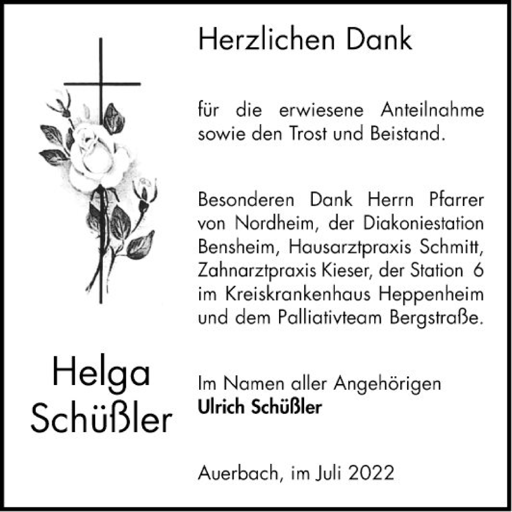  Traueranzeige für Helga Schüßler vom 23.07.2022 aus Bergsträßer Anzeiger