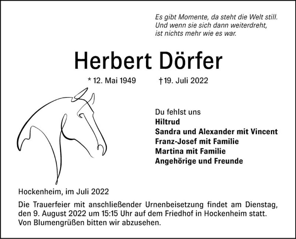  Traueranzeige für Herbert Dörfer vom 29.07.2022 aus Schwetzinger Zeitung