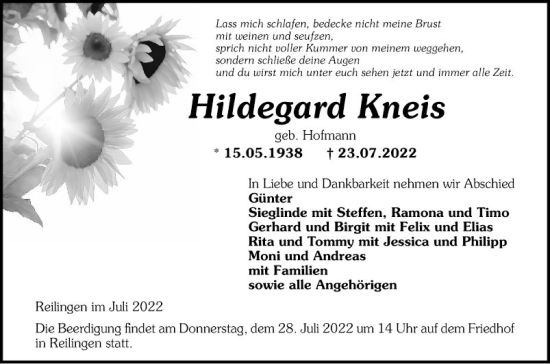 Traueranzeige von Hildegard Kneis von Schwetzinger Zeitung