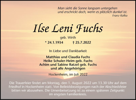 Traueranzeige von Ilse Leni Fuchs von Schwetzinger Zeitung