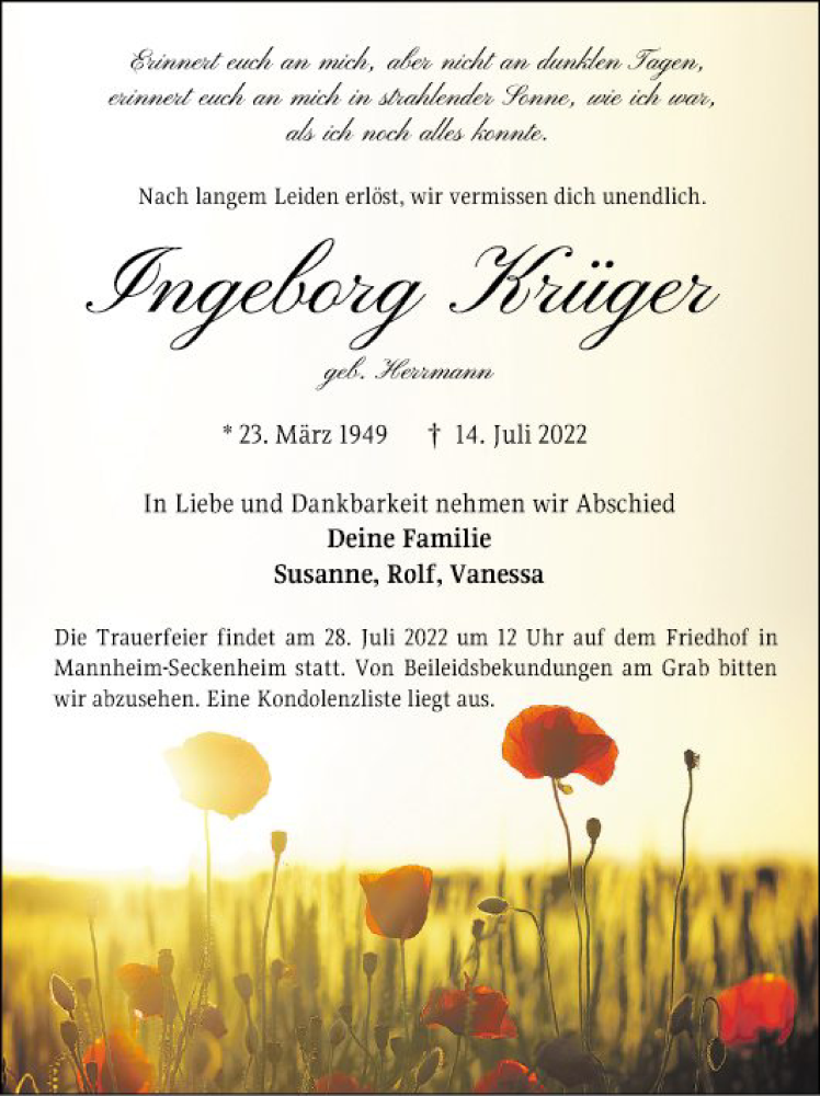  Traueranzeige für Ingeborg Krüger vom 21.07.2022 aus Mannheimer Morgen