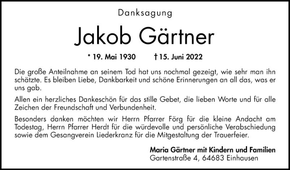  Traueranzeige für Jakob Gärtner vom 02.07.2022 aus Bergsträßer Anzeiger