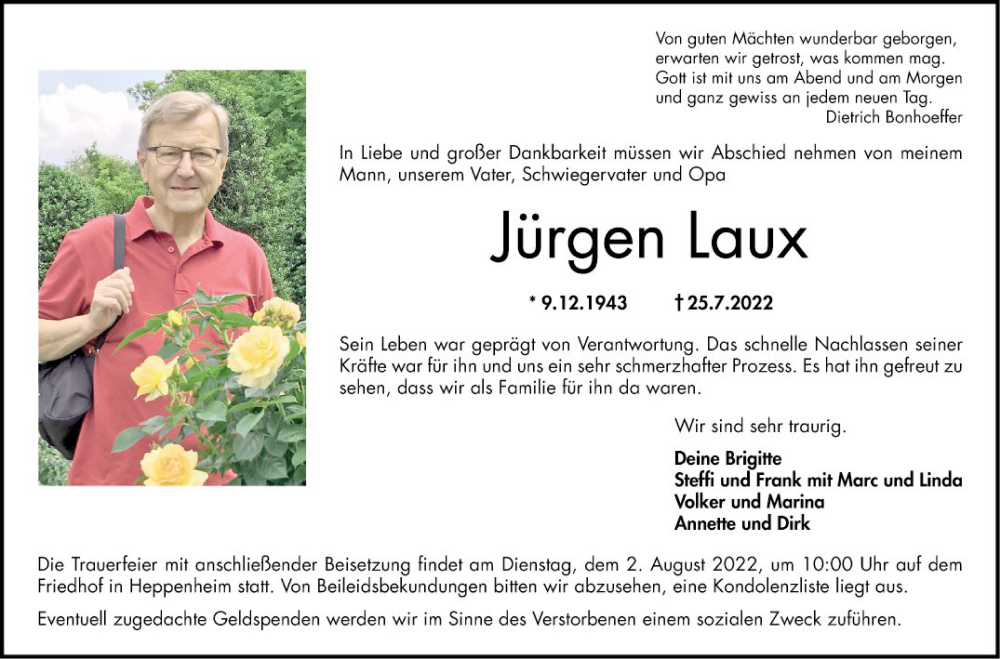  Traueranzeige für Jürgen Laux vom 30.07.2022 aus Bergsträßer Anzeiger