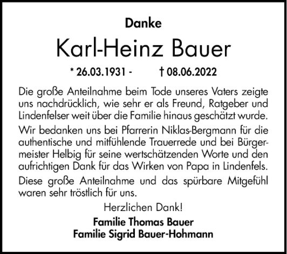  Traueranzeige für Karl-Heinz Bauer vom 23.07.2022 aus Bergsträßer Anzeiger