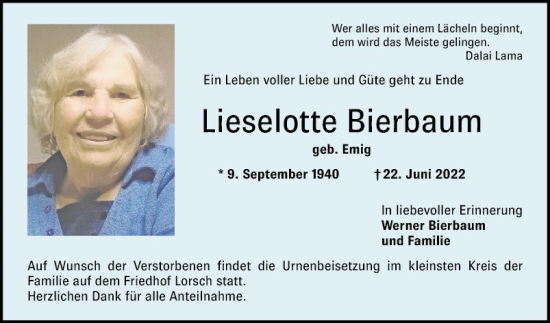 Traueranzeige von Lieselotte Bierbaum von Bergsträßer Anzeiger