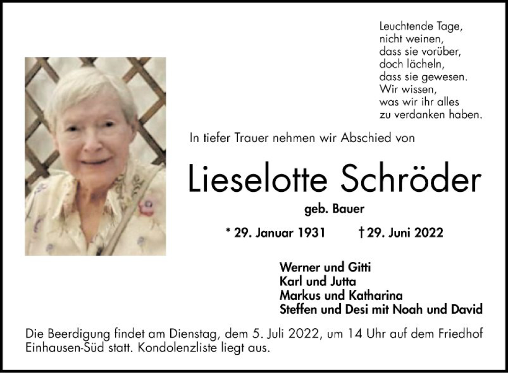  Traueranzeige für Lieselotte Schröder vom 02.07.2022 aus Bergsträßer Anzeiger