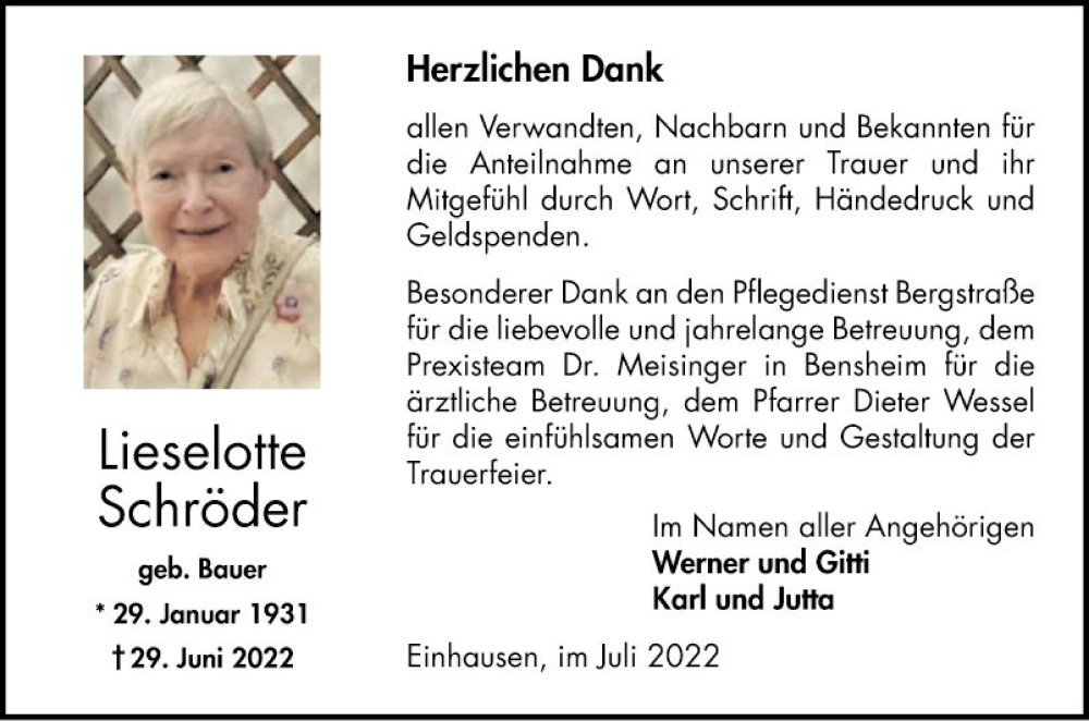  Traueranzeige für Lieselotte Schröder vom 23.07.2022 aus Bergsträßer Anzeiger