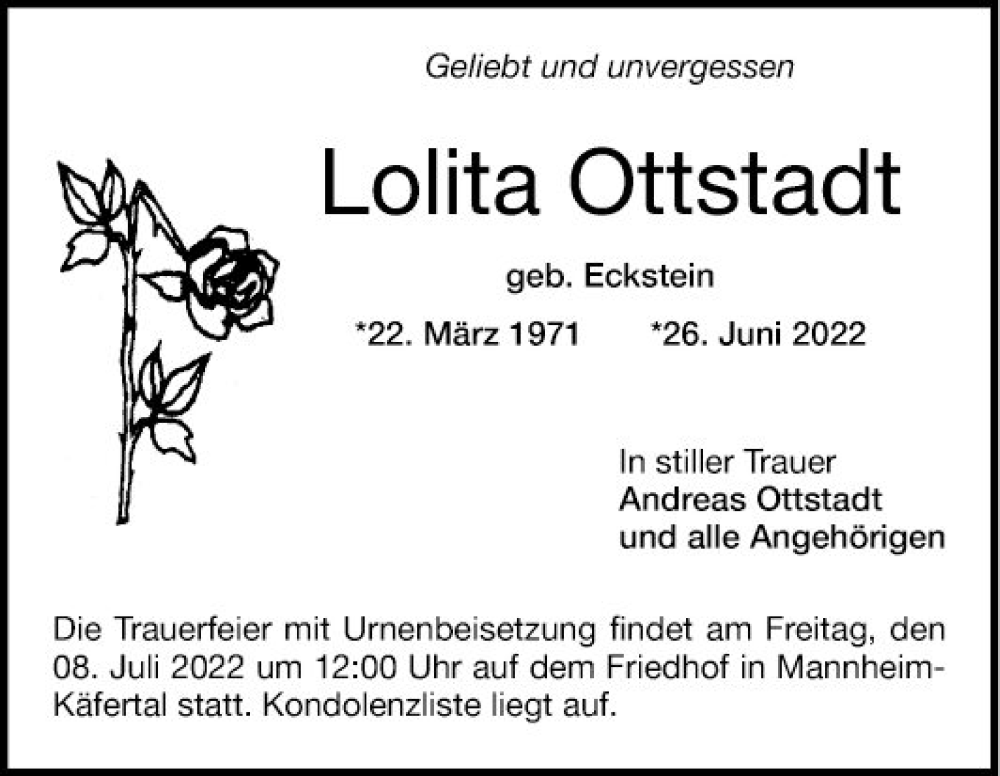  Traueranzeige für Lolita Ottstadt vom 02.07.2022 aus Mannheimer Morgen