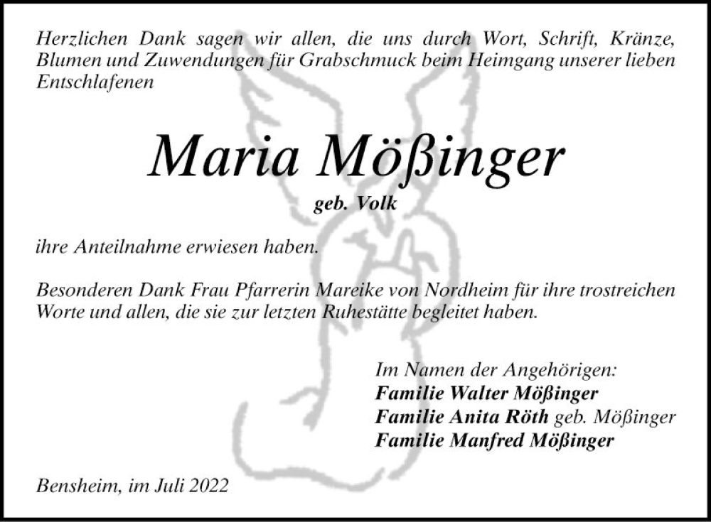  Traueranzeige für Maria Mößinger vom 23.07.2022 aus Bergsträßer Anzeiger
