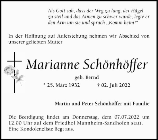 Traueranzeige von Marianne Schönhöffer von Mannheimer Morgen