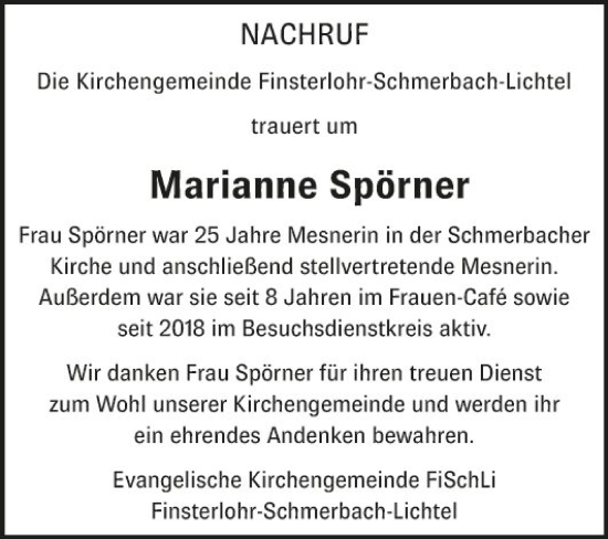 Traueranzeige von Marianne Spörner von Fränkische Nachrichten
