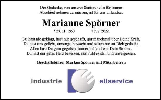 Traueranzeige von Marianne Spörner von Fränkische Nachrichten