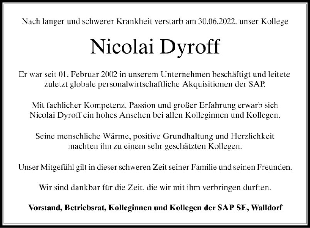  Traueranzeige für Nicolai Dyroff vom 09.07.2022 aus Bergsträßer Anzeiger