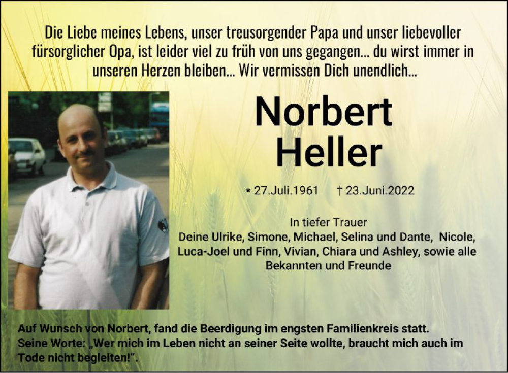  Traueranzeige für Norbert Heller vom 08.07.2022 aus Mannheimer Morgen