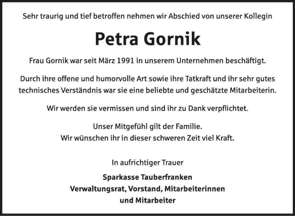  Traueranzeige für Petra Gornik vom 07.07.2022 aus Fränkische Nachrichten