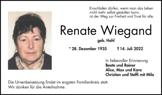 Traueranzeige von Renate Wiegand von Bergsträßer Anzeiger