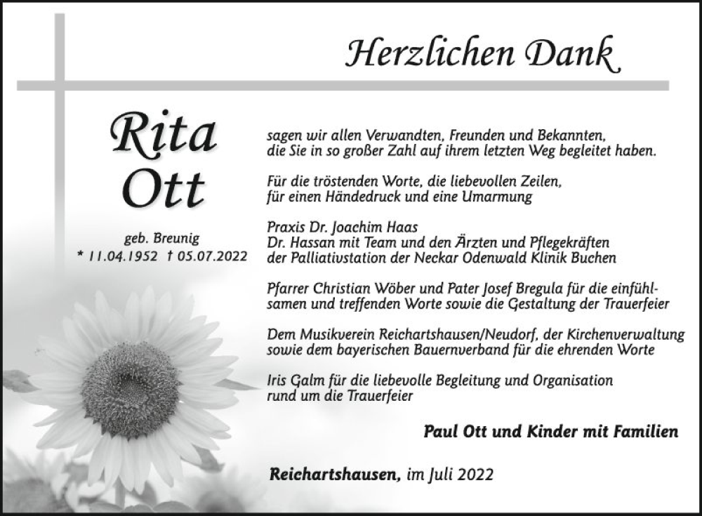  Traueranzeige für Rita Ott vom 30.07.2022 aus Fränkische Nachrichten