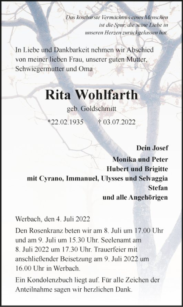  Traueranzeige für Rita Wohlfarth vom 06.07.2022 aus Fränkische Nachrichten